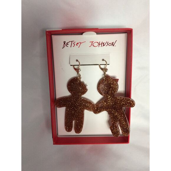 NIB Betsey Johnson Gingerbread Man & Woman Dangle Earrings With Glitter & Pave - Picture 3 of 5